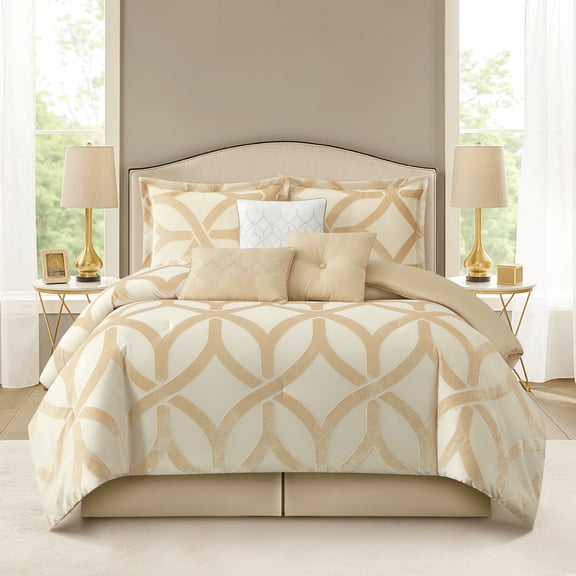 Nanshing Home Gold Geometric Comforter Set, 7 Piece King Size Polyester, Jacquard with Matching Solid Microfiber Piece Work, All Season Bedding Sets, Matching Bedskirt, Pillow Shams