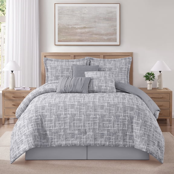 Nanshing Home Grey 7 Piece Jacquard Geometric Comforter Set, Queen Size, Matching Bed Skirt, Pillows & Shams, All Season Bedding Set