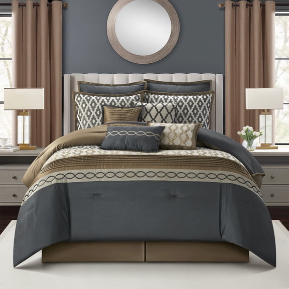 Nanshing Home Grey Queen 12 Piece Comforter Set, Geometric Jacquard Bedding
