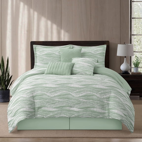 Nanshing Home Sage 7 Piece Jacquard Geometric Comforter Set, Queen Size, Matching Bed Skirt, Pillows & Shams, All Season Bedding Set