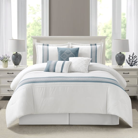 Nanshing Home Striped 7 Piece Blue Comforter Set, Queen Size Microfiber Bedding, All Season Polyester Bedding Set, Bed Skirt, Pillows & Shams