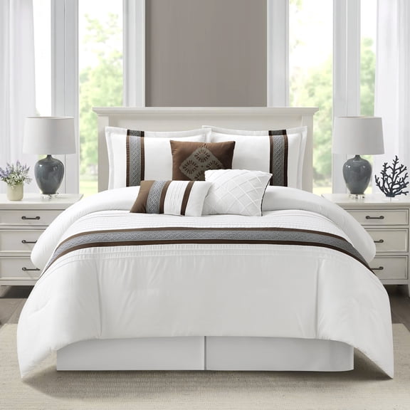 Nanshing Home Striped 7 Piece Coffee Comforter Set, California King Size Microfiber Bedding, All Season Polyester Bedding Set, Bed Skirt, Pillows & Shams