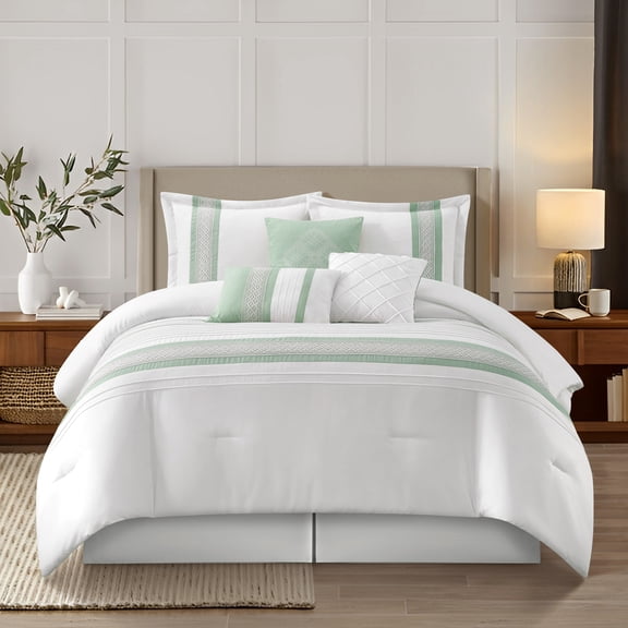Nanshing Home Striped 7 Piece Sage Comforter Set, Queen Size Microfiber Bedding, All Season Polyester Bedding Set, Bed Skirt, Pillows & Shams
