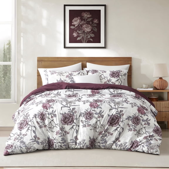 Nanshing Home 3 Piece Full Comforter Set, Grey Purple Vintage Floral Printed Bedding Set, Soft Microfiber Comforter with Pillow Shams, Lightweight All Season Bedspread