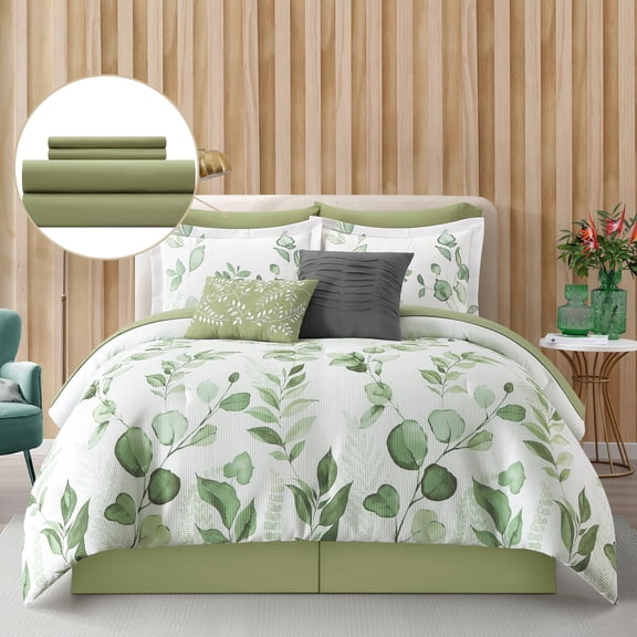 Nanshing Home Waffle Print Yahya 10 Piece White Green Comforter Set, California King Size, Matching solid microfiber piece work