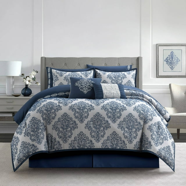 Nanshing Issa 10 Piece Traditional Damask Comforter Set, California King, Blue