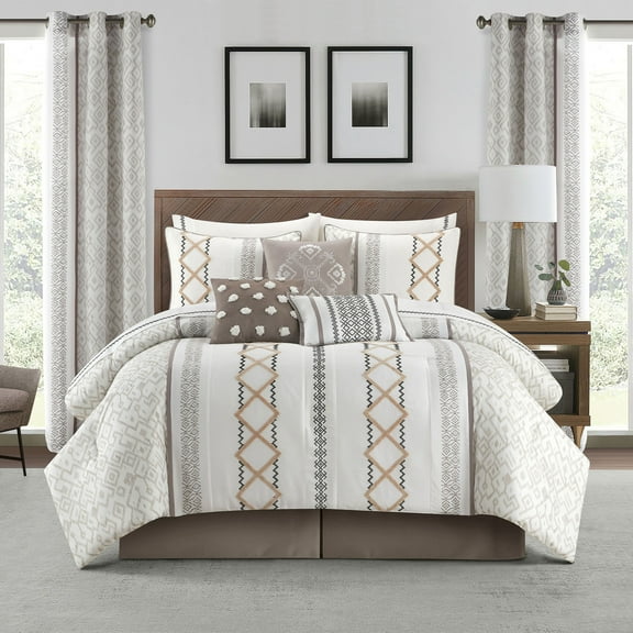 Nanshing Jamie 15 Piece Geometric Comforter Set, Taupe, King