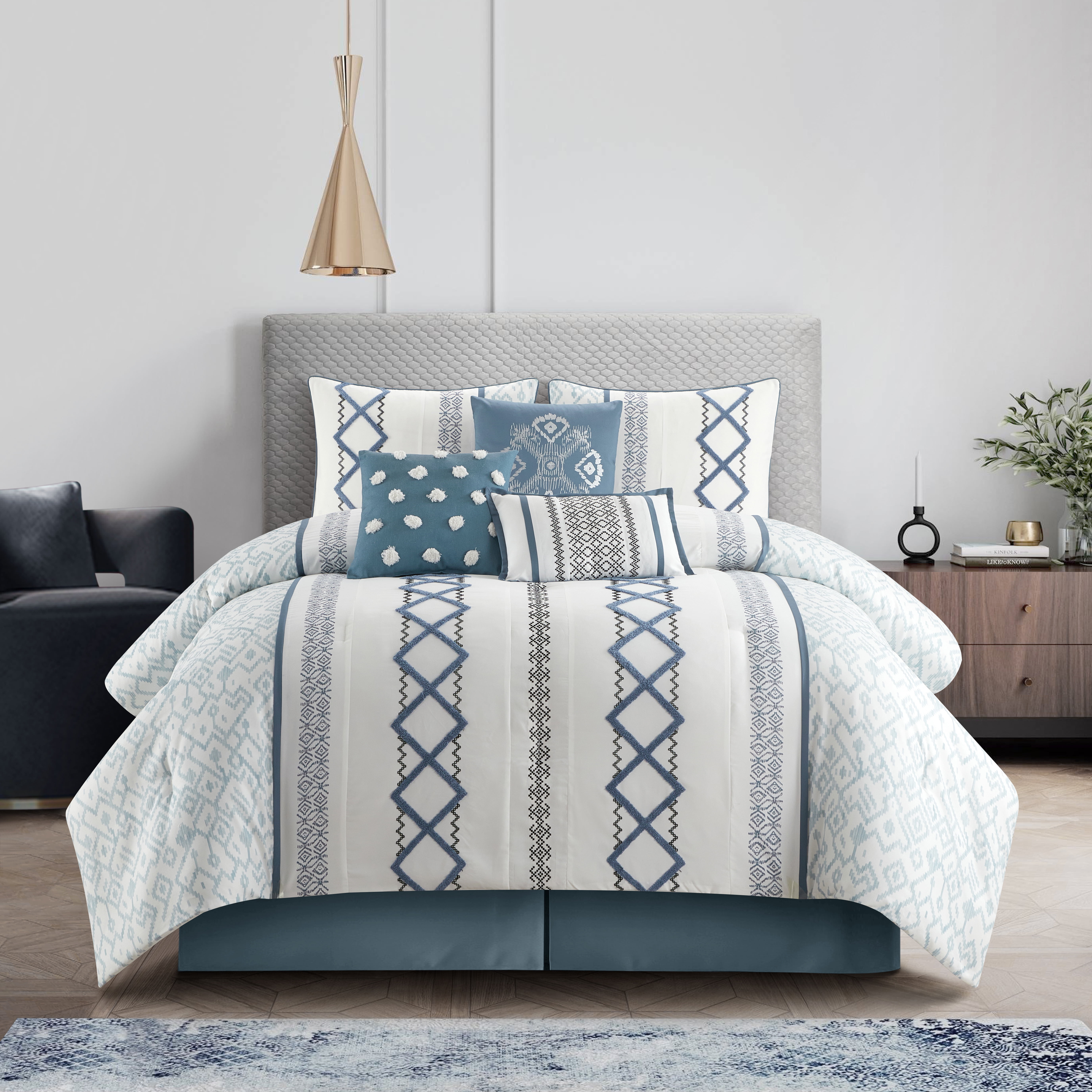 Nanshing Jamie 7 Piece Geometric Comforter Set, Blue, Queen