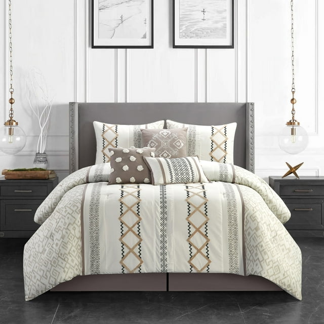 Nanshing Jamie 7 Piece Geometric Comforter Set, Taupe, California King