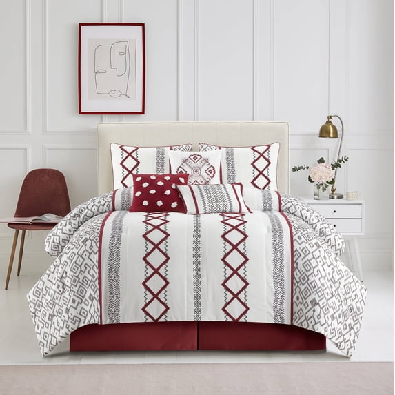 Nanshing Jamie 7 Piece Geometric Comforter Set, White/Red, King