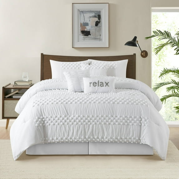 Nanshing Jared 7 Piece Casual Pom Pom Comforter Set, White, California King