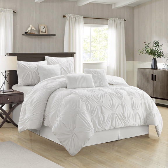Nanshing Jennae 7 Piece Shabby Chic Pintuck Comforter Set, White, California King