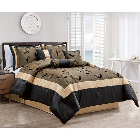 Nanshing Jolene 7 Piece Flocked Modern Leaves Comforter Set Bronze - Queen