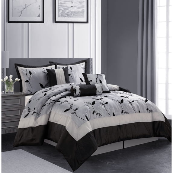 Nanshing Jolene 7 Piece Flocked Modern Leaves Comforter Set Silver - Queen