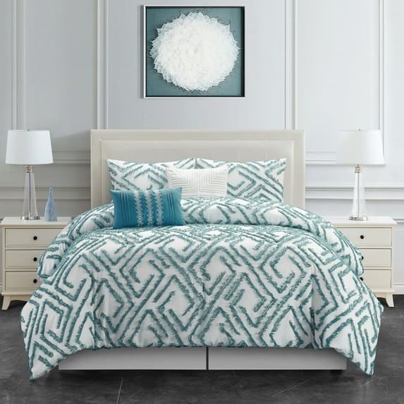Nanshing Jordan Microfiber Super Soft 6-Piece Bedding Comforter Set, California King, White/Jade
