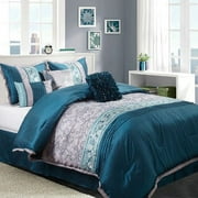 Nanshing Juliana 7 Piece Glam Floral Comforter Set, Teal/Grey, Queen
