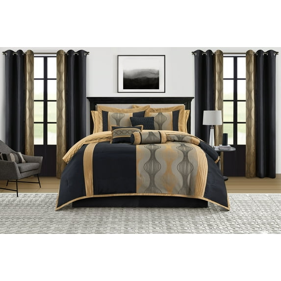 Nanshing Kath 15 Piece Modern Luxury Room-In-A-Bag, Black Gold, California King