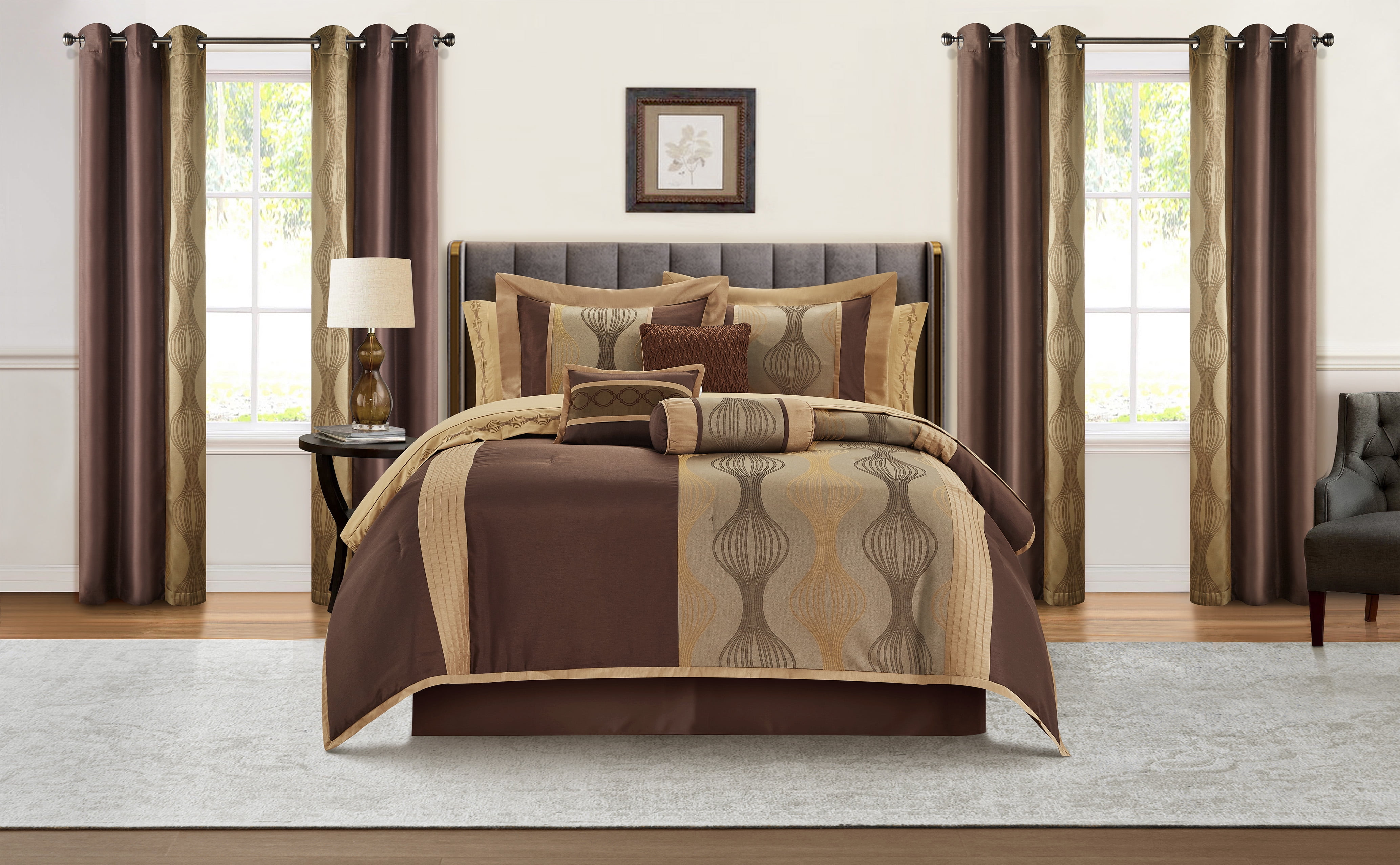 California King Brown Microfiber 15-Piece Comforter Set