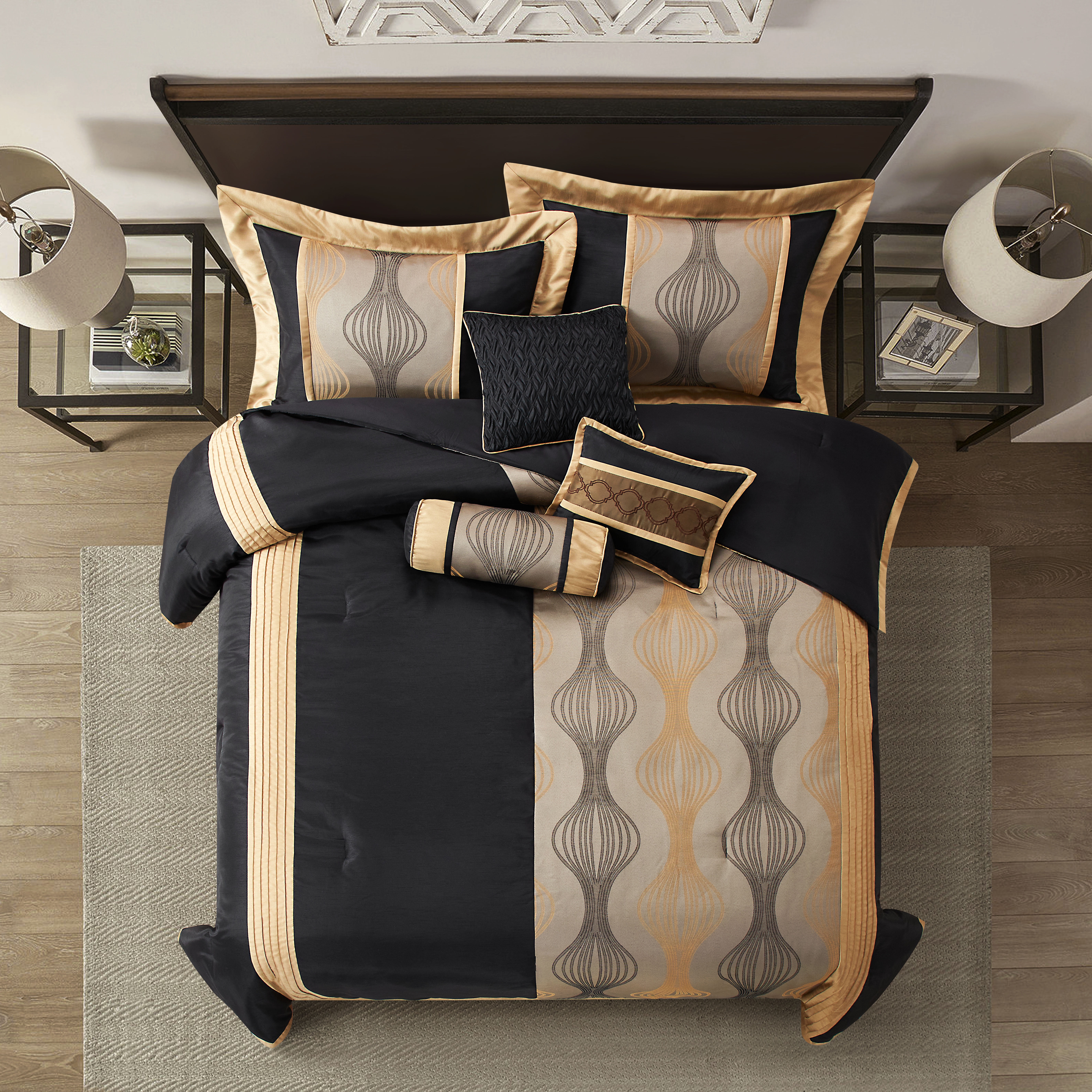 Nanshing Kath 7 Piece Luxury Contemporary Comforter Set, Black Gold, California King