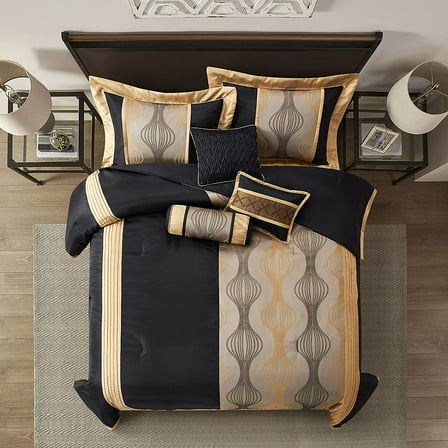Nanshing Kath 7 Piece Luxury Contemporary Comforter Set, Black Gold, Queen