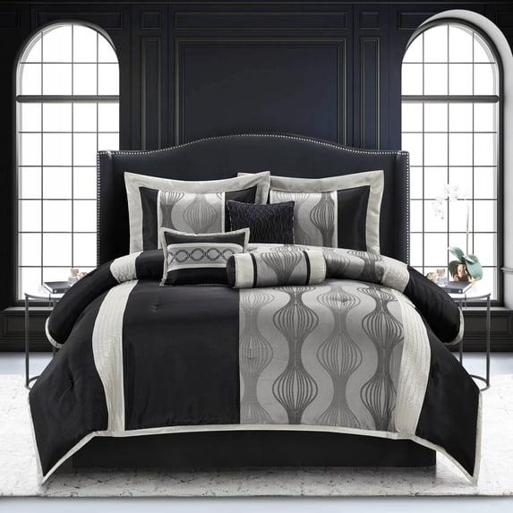 Nanshing Kath 7 Piece Luxury Contemporary Comforter Set, Black Silver, Queen