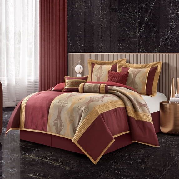 Nanshing Kath 7 Piece Luxury Contemporary Comforter Set, Wine Gold, King