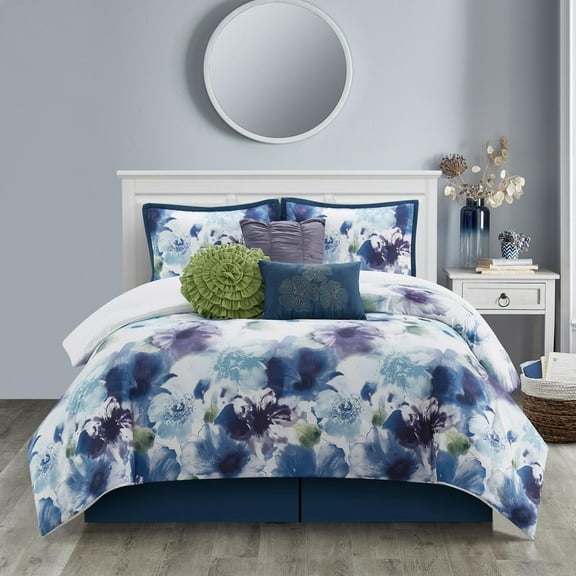 Nanshing Krista 7 Piece Floral Bedding Comforter Set, Blue/Purple, California King