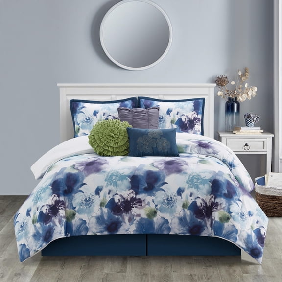 Nanshing Krista 7 Piece Floral Bedding Comforter Set, Blue/Purple, King