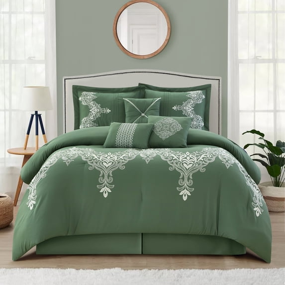 Nanshing Lacy 7 Piece Damask Embroidery Comforter Set, King, Green