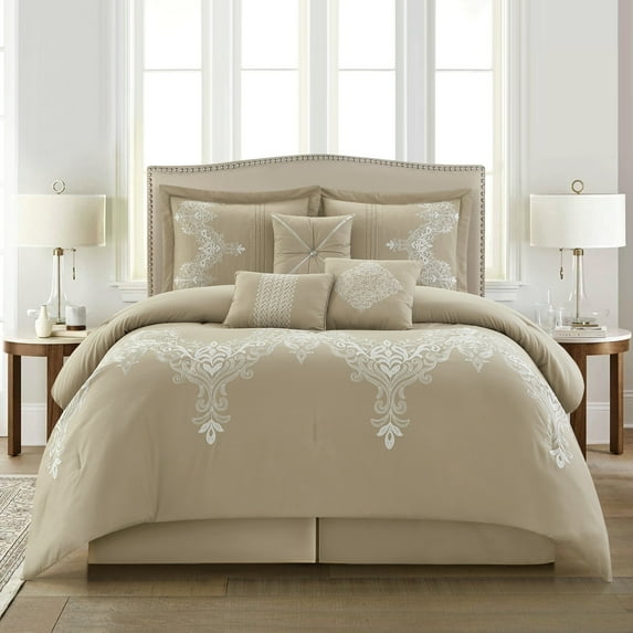 Nanshing Lacy 7 Piece Damask Embroidery Comforter Set, King, Taupe