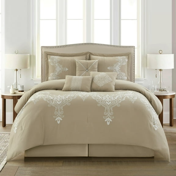 Nanshing Lacy 7 Piece Damask Embroidery Comforter Set, Queen, Taupe