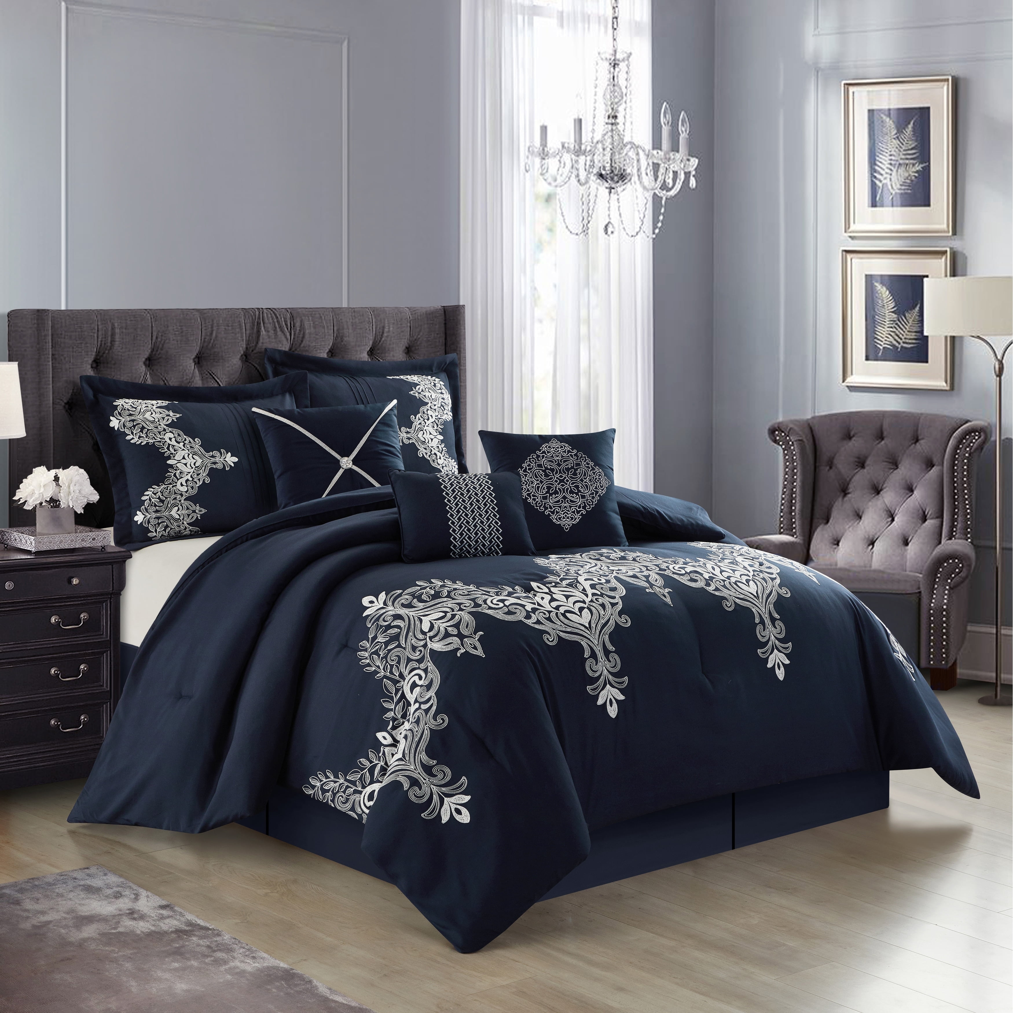Navy and White Embroidered Queen Comforter Set with Decorative Pillows