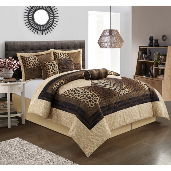 Nanshing Leopard 7 Piece Animal Print Comforter Set, Brown/Gold, King , Short Plush Print