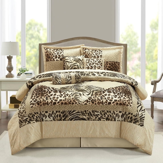 Nanshing Leopard 7 Piece Animal Print Comforter Set, Gold, California King , Short Plush Print