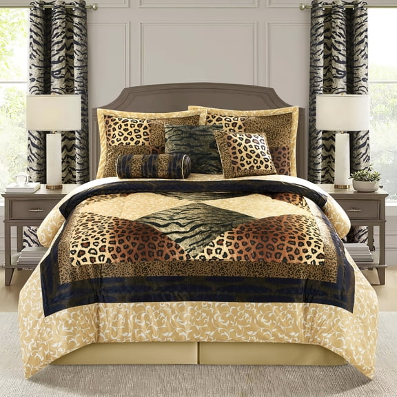 Nanshing Leopard 9 Piece Animal Print Comforter Set , Brown Gold , California King , Short Plush Print