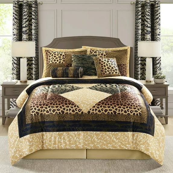 Nanshing Leopard 9 Piece Animal Print Comforter Set , Brown Gold , California King , Short Plush Print
