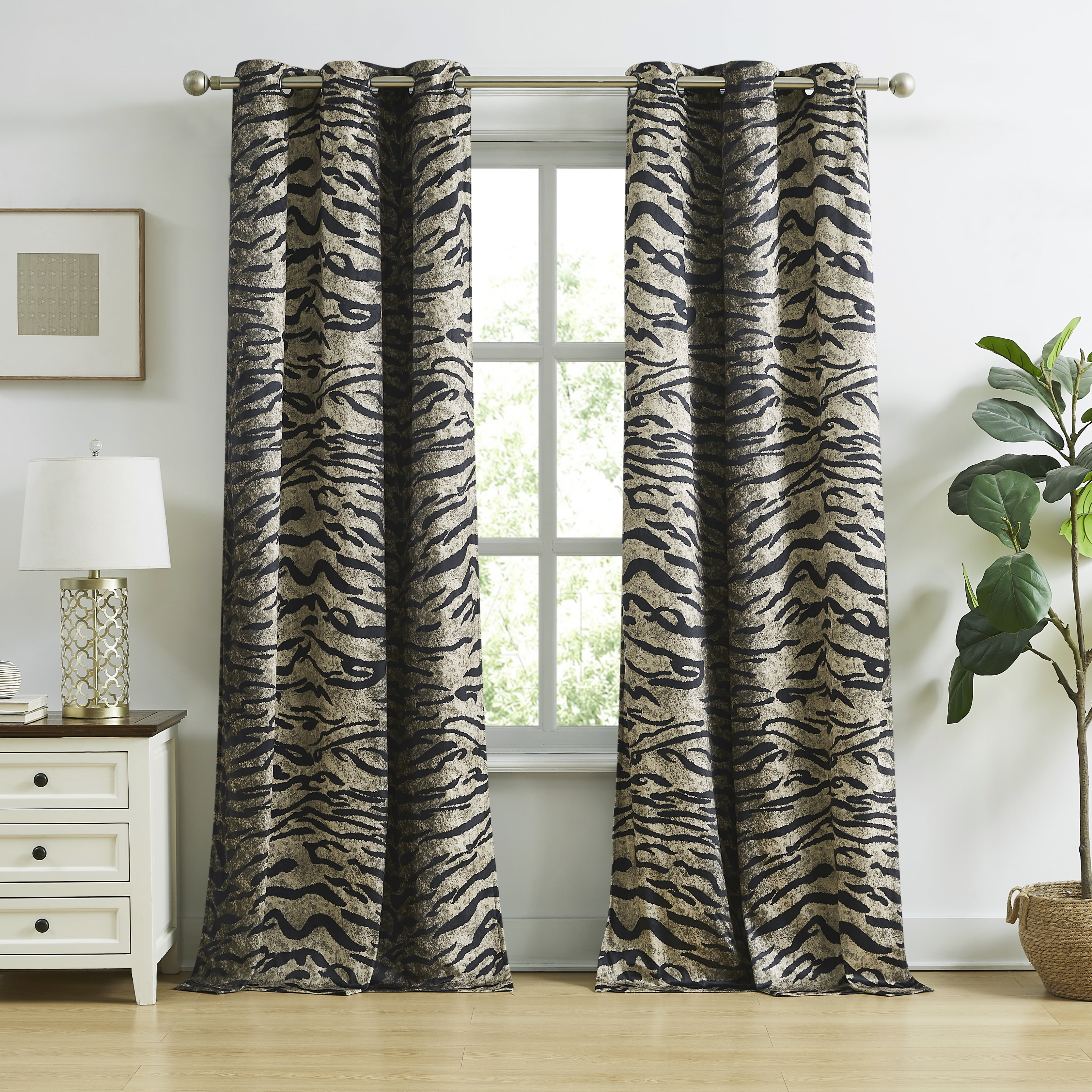 Black and Brown Animal Print Light-Filtering Polyester Curtain Panel