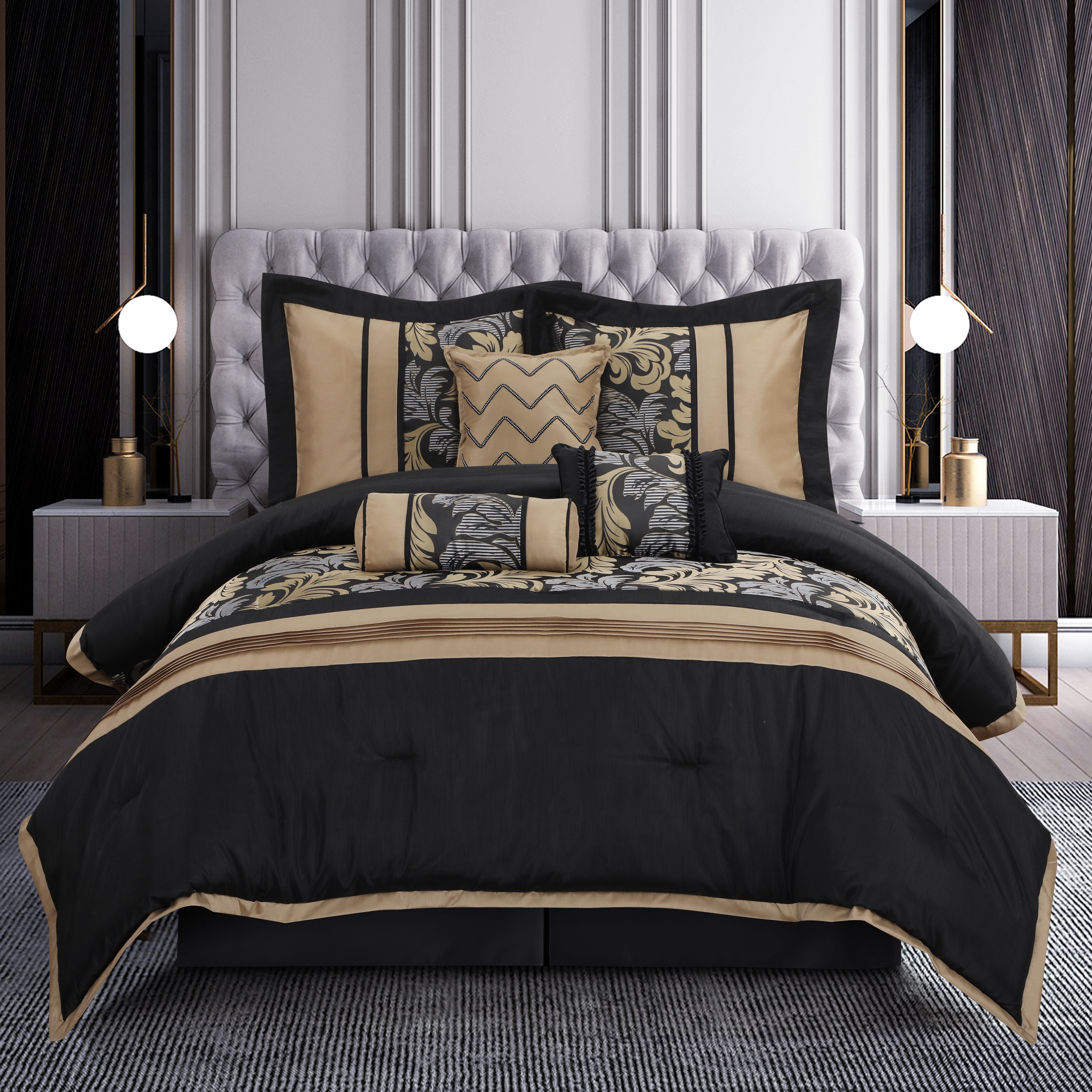 California King Black and Gold Microfiber 7-Piece Comforter Set