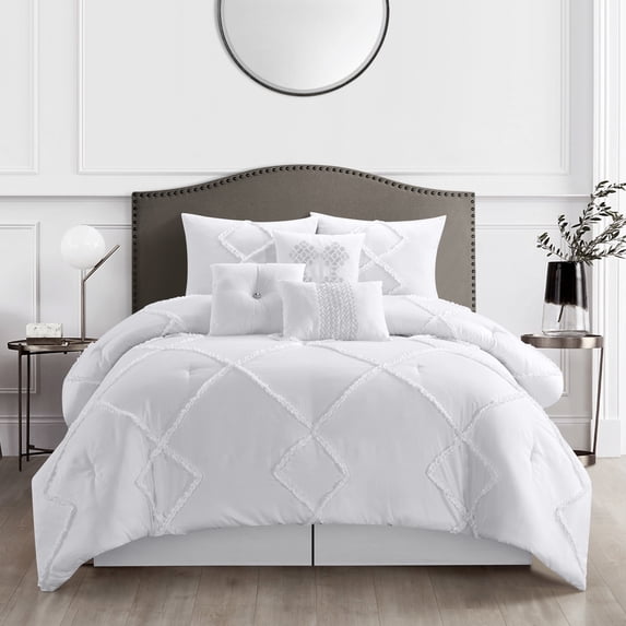 Nanshing Lucero 7 Piece Interlocking Jacquard Comforter Set, White, King