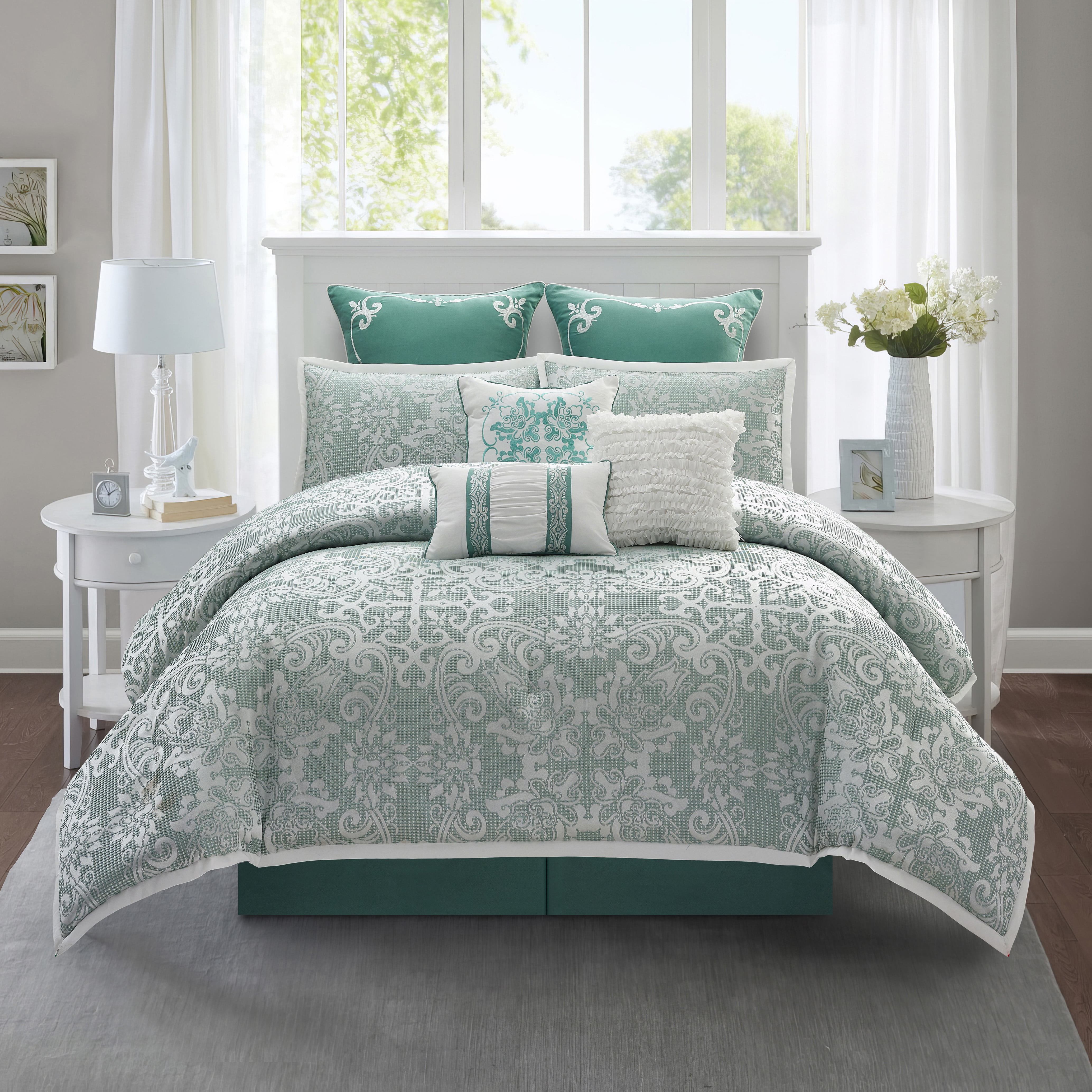 Nanshing Marissa 9 Piece Damask Comforter Set, Sage, King