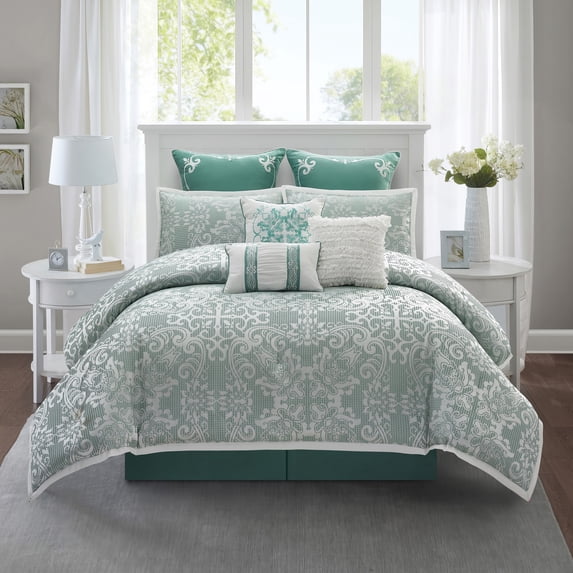 Nanshing Marissa 9 Piece Damask Comforter Set, Sage, Queen