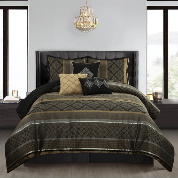 Nanshing Markus 7 Piece Traditional Damask Comforter Set, Black Gold, Queen