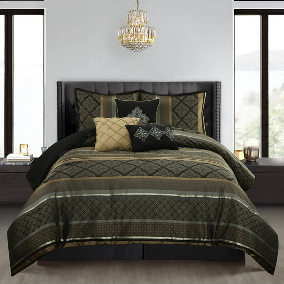 Nanshing Markus 7 Piece Traditional Damask Comforter Set, Black Gold, Queen