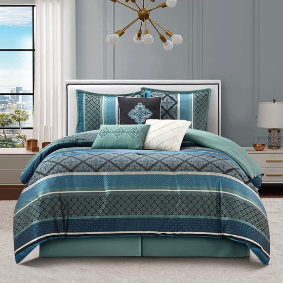 Nanshing Markus 7 Piece Traditional Damask Comforter Set, Blue, California King