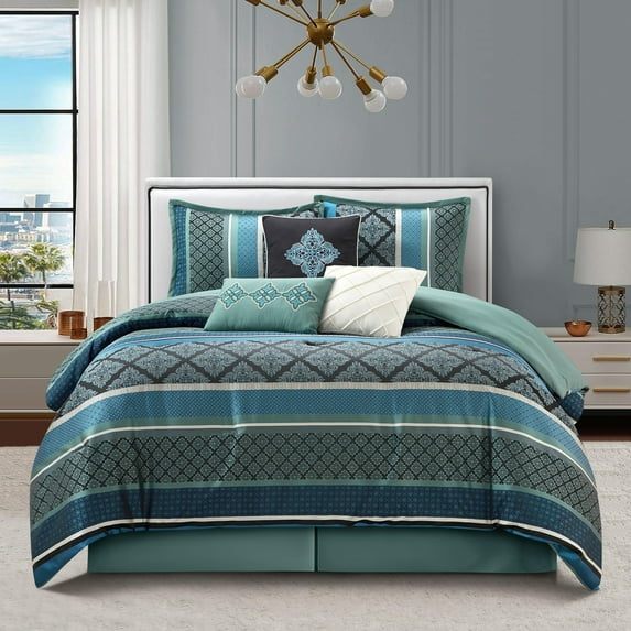 Nanshing Markus 7 Piece Traditional Damask Comforter Set, Blue, King