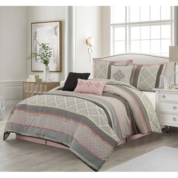 Nanshing Markus 7 Piece Traditional Damask Comforter Set, Blush, California King