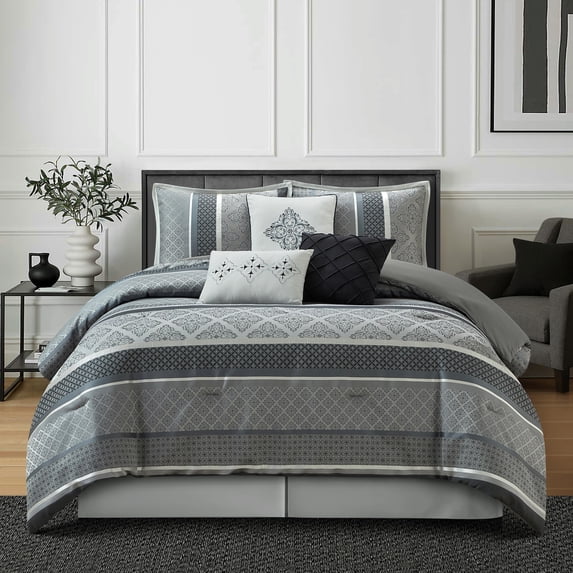 Nanshing Markus 7 Piece Traditional Damask Comforter Set, Grey, Queen