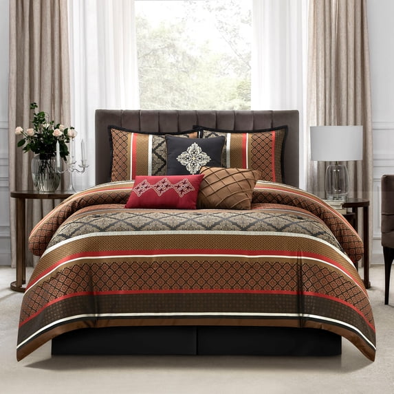 Nanshing Markus 7 Piece Traditional Damask Comforter Set, Red, King