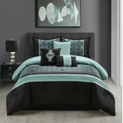 Nanshing Marley 7 Piece Damask Comforter Set, Aqua/Black, Cal King , Jacquard with matching solid piece work