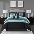 thumbnail image 1 of Nanshing Marley 7 Piece Damask Comforter Set, Aqua/Black, Queen , Jacquard with matching solid piece work, 1 of 7